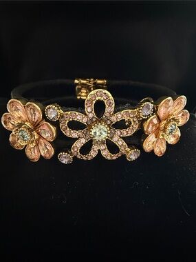 Betsey Johnson Vintage Floral Crystal/Gold Tone & Ribbon Hinged Snap Bracelet
